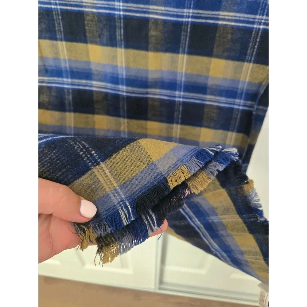 Gap Plaid Scarf Navy Blue Mustard Yellow 100% Cotton Frayed Rectangular Wrap